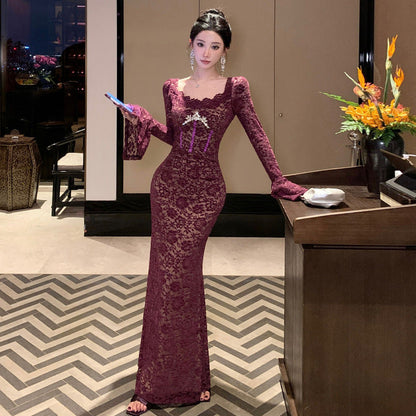 Kvinnors Klänning U-hals Långa Spetsiga Ärmar Polyester Elastan Rhinestones-1
