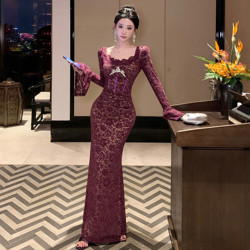 Variant image for Kvinnors Klänning U-hals Långa Spetsiga Ärmar Polyester Elastan Rhinestones-1