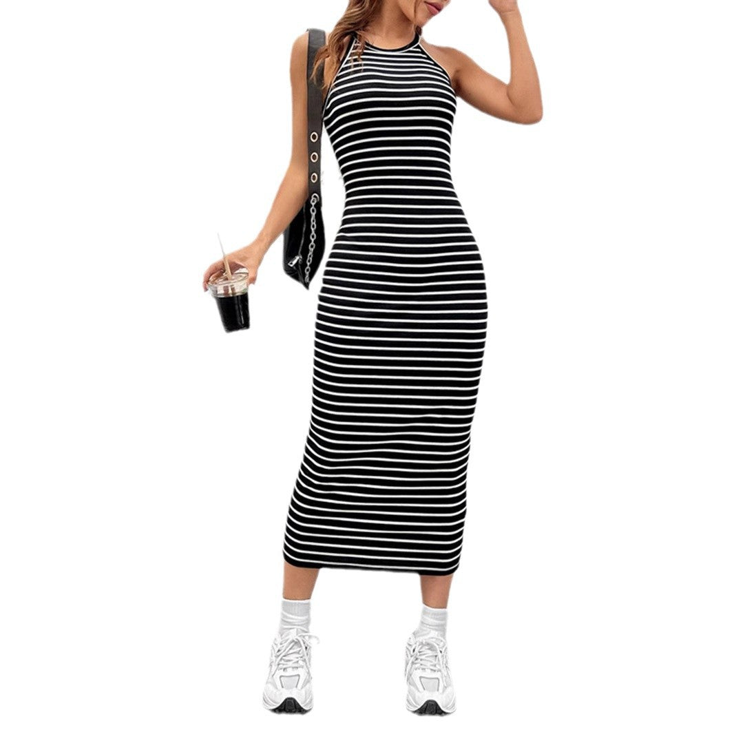 Damklänning A-Line Randig Stickad Ärmlös Midi-6