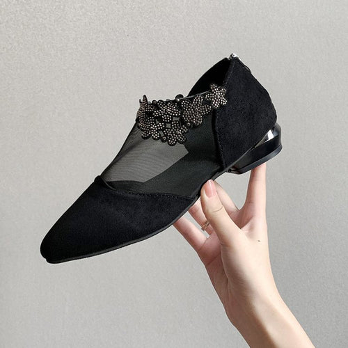 Ballerinaskor Dam med Transparent Mesh och Konstnärlig Applikation – Bekväm Blockklack för Elegant Stil 1