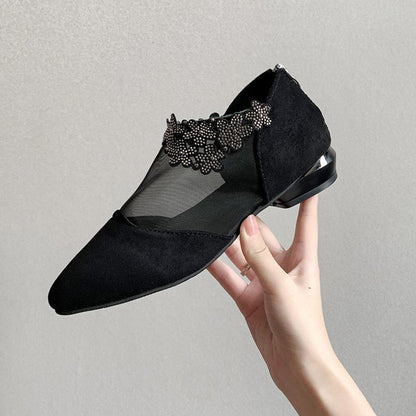 Ballerinaskor Dam med Transparent Mesh och Konstnärlig Applikation – Bekväm Blockklack för Elegant Stil 7