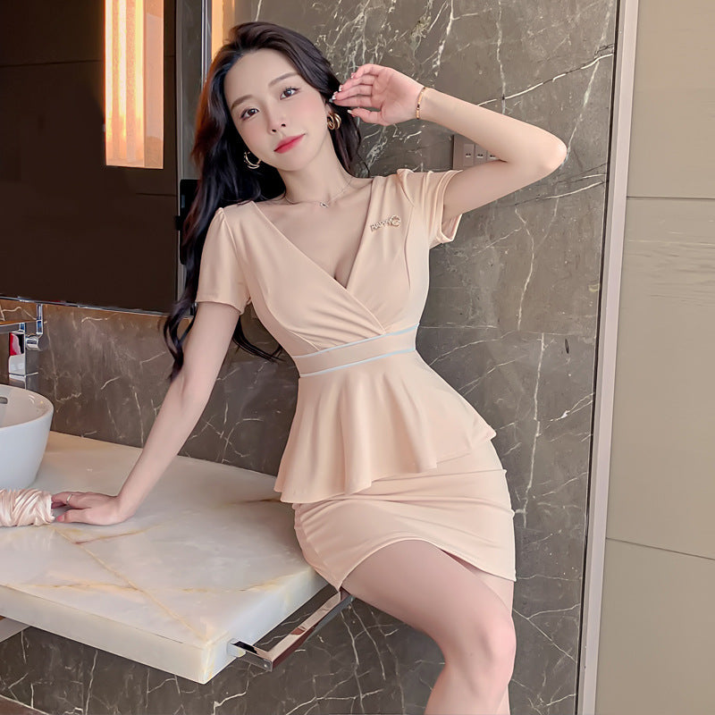 Kvinnors Mini Klänning V-Hals Färgblock Polyester Elastan-4