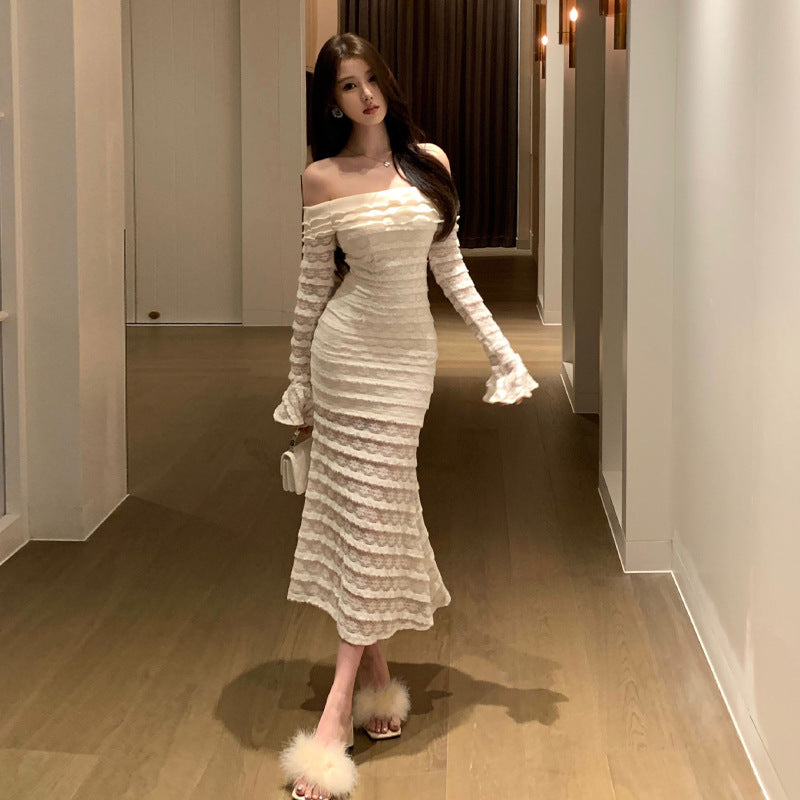 Kvinna Lång Klänning Ruffle Axelbandslös Polyester-3