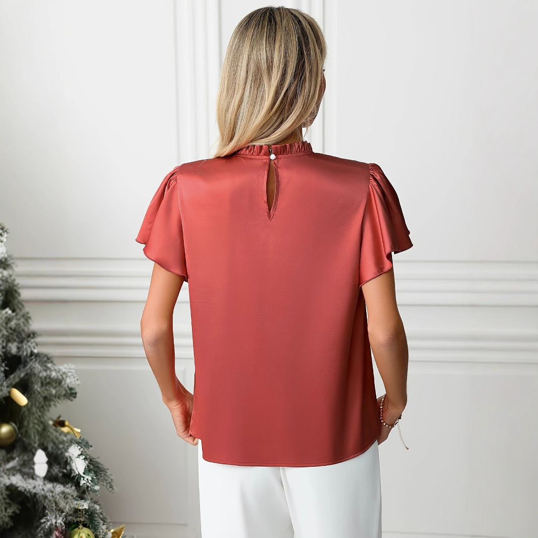 Kvinnors Topp Korta Ärmar Stativ-upp Krage Högkvalitativt Tyg 2