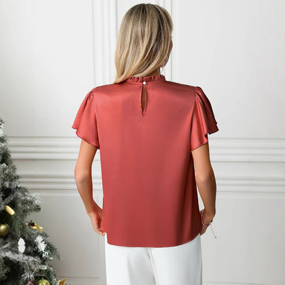 Kvinnors Topp Korta Ärmar Stativ-upp Krage Högkvalitativt Tyg 2