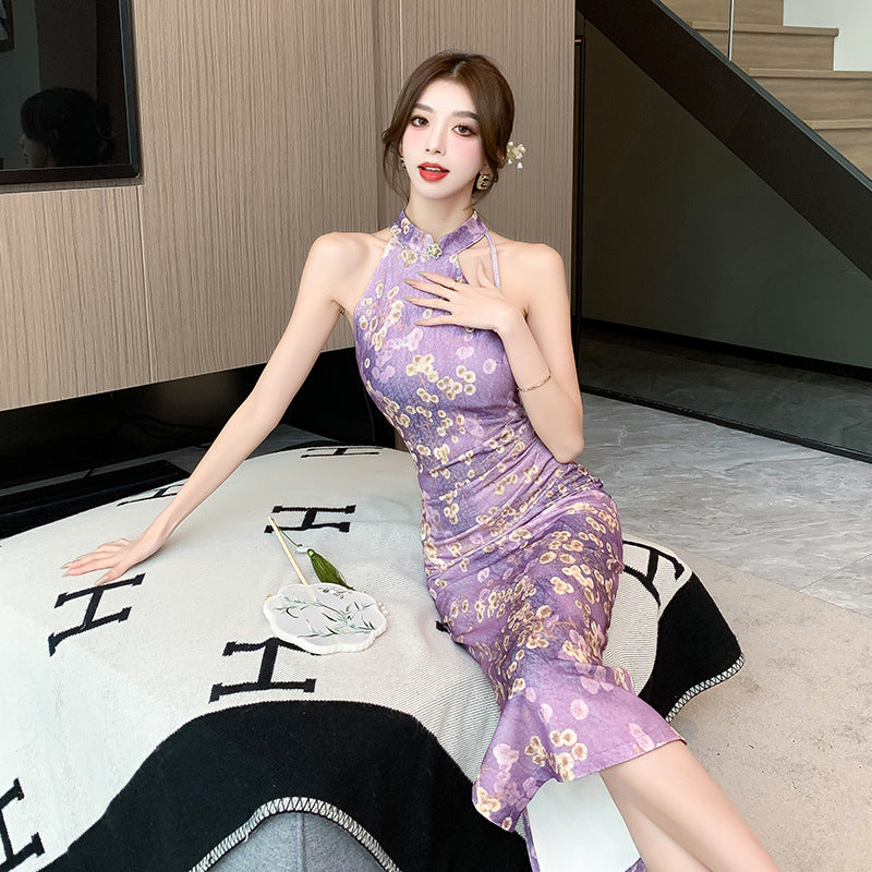 Kvinnors Qipao Klänning Halterneck Slim Fit Polyester-5