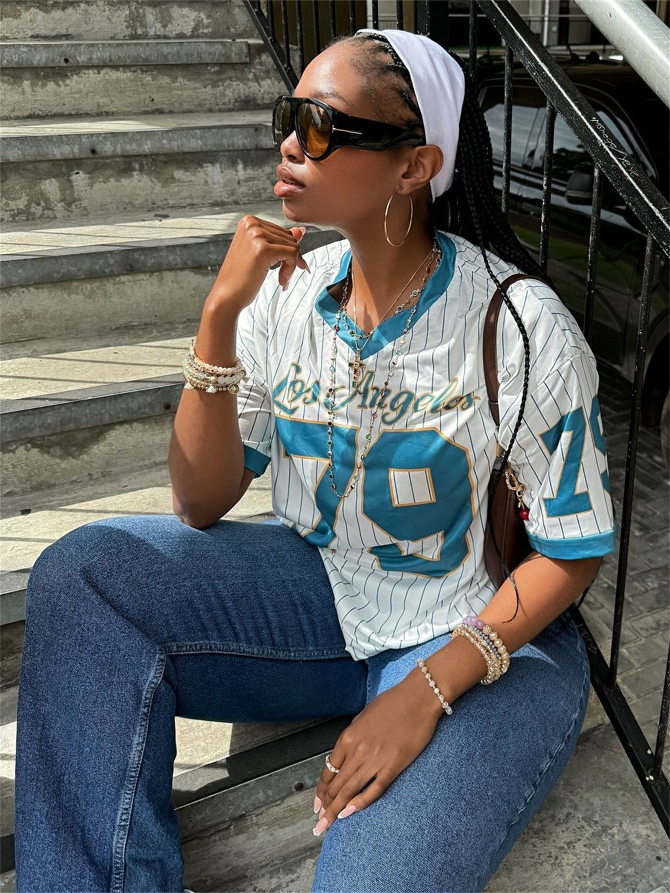 Dam T-shirt V-ringad Trendig Polyester Streetwear-6