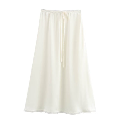Dam Midikjol A-Line Satin Elastisk Street Fashion-1