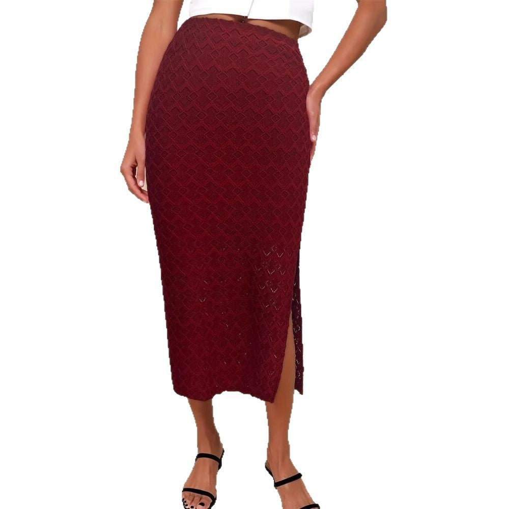 Kvinnors Stickkjol Diamantmönster Stickad med Sidoslits-5