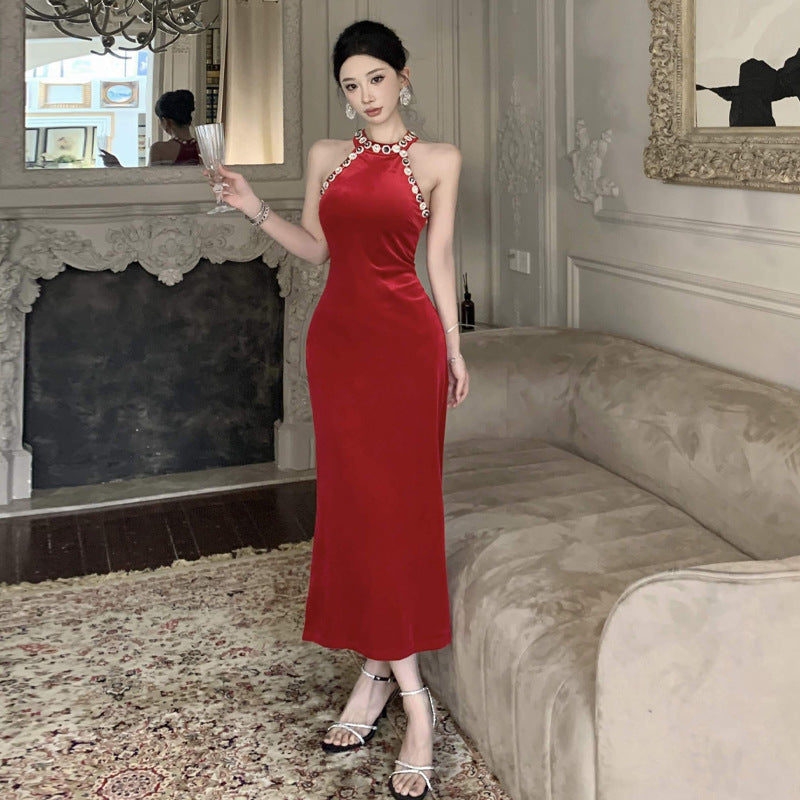 Kvinnors Halterneck Klänning Slimmad Glittrande Material-3