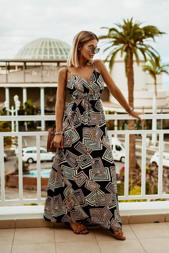 Bohemisk Maxi Kjol för Dam A-linje med Elastiskt Midjeband – Vit med Svarta Detaljer, Polyester, S-XXL 9