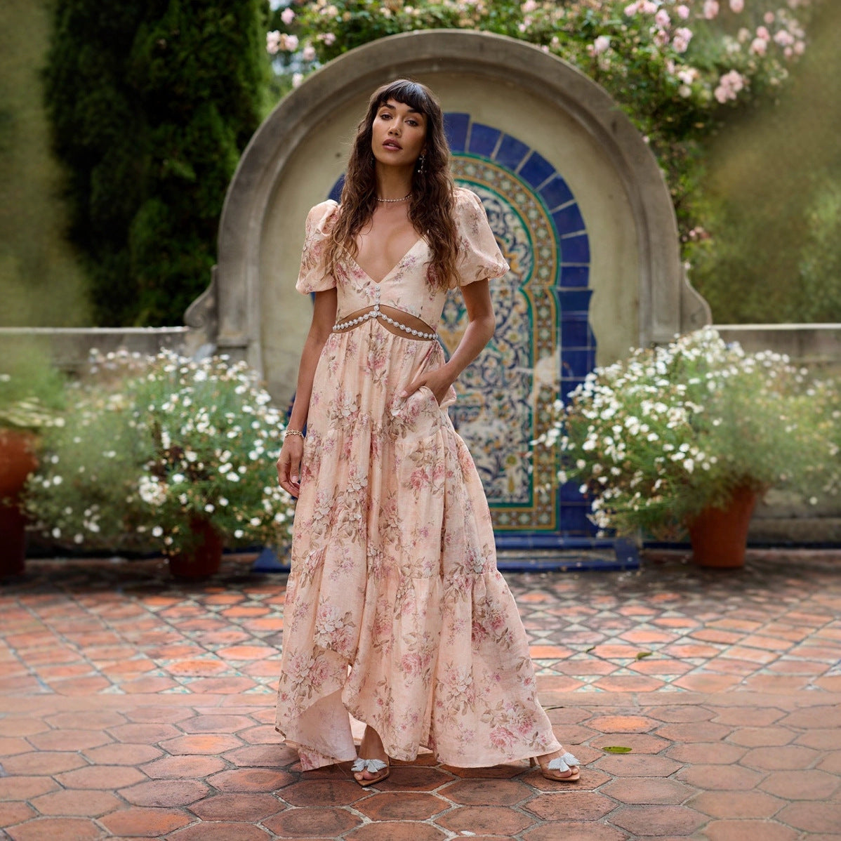 Dam V-ringad Klänning Tryckt Polyester med Slits-3