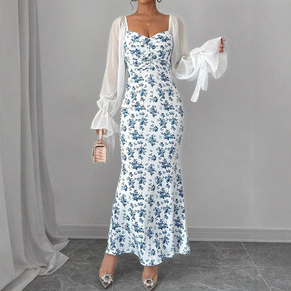 Dam Klänning Bodycon Chiffong Blommig Lång Ärmar-5