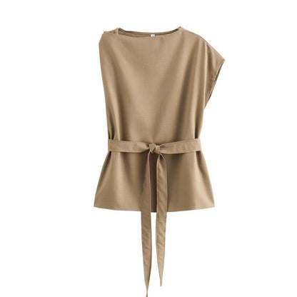 Kvinnors Topp Avslappnad Stil med Bindande Bälte Andningsbart Material-5