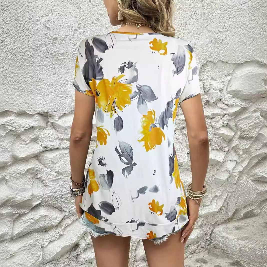 Dam T-shirt Blommig Kortärmad Polyester med Rynkade Detaljer-3