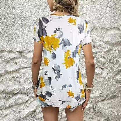 Dam T-shirt Blommig Kortärmad Polyester med Rynkade Detaljer-3