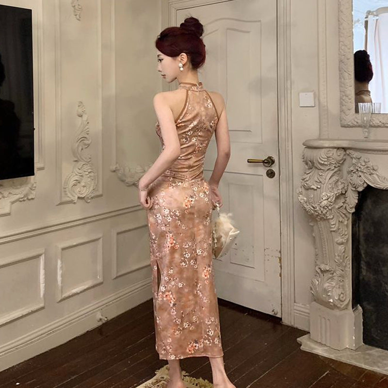 Kvinna Cheongsam Klänning Blommönster Polyester Smal Passform-4