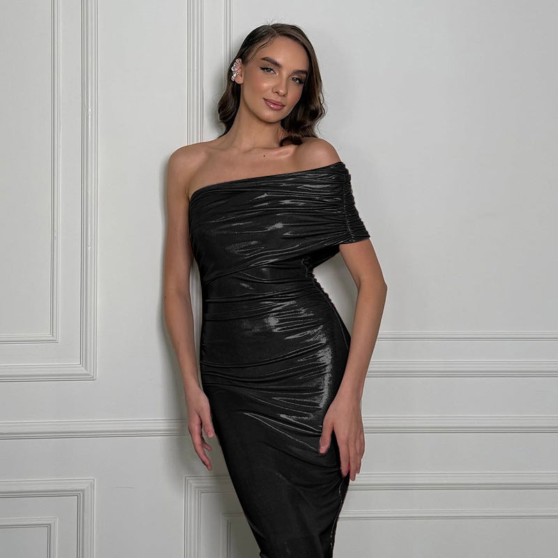 Kvinnors Klänning En Axel Rüschdetaljer Glansigt Tyg 8