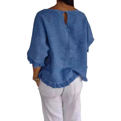 Dam T-shirt Rufsade Detaljer Löst Snitt Bomull-6