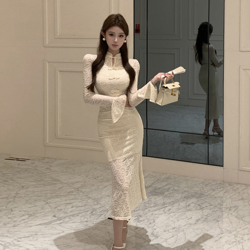 Damklänning Bodycon med Spetsdetaljer och Långa Ärmar-3