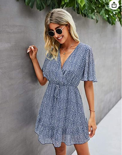 Dam Wrap Klänning Sommar Korta Ärmar Lätt Tyg 10