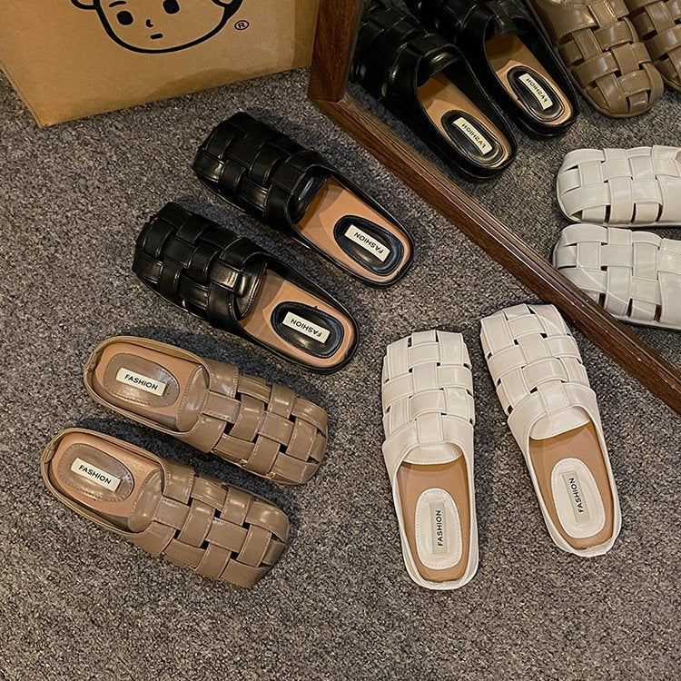 Kvinnors Öppna Pantoletter Flätad Syntetiskt Läder-3