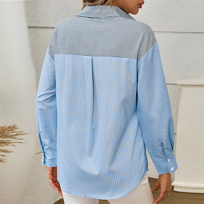 Dam Kofta Randig Vävd Casual Lång Ärme-3