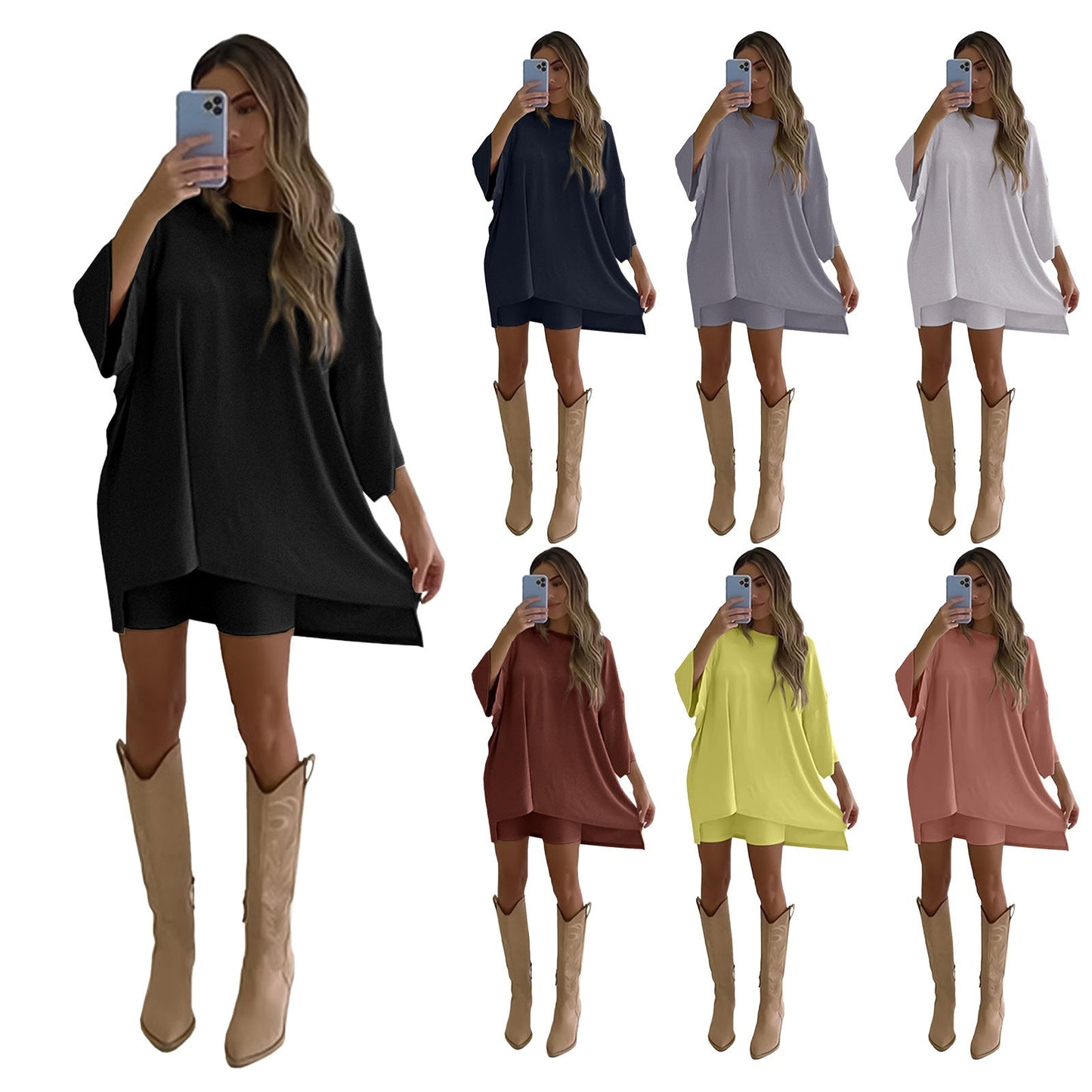 Dam T Shirt Monokrom Smal Passform Trekvartsärmar 100% Bomull-2