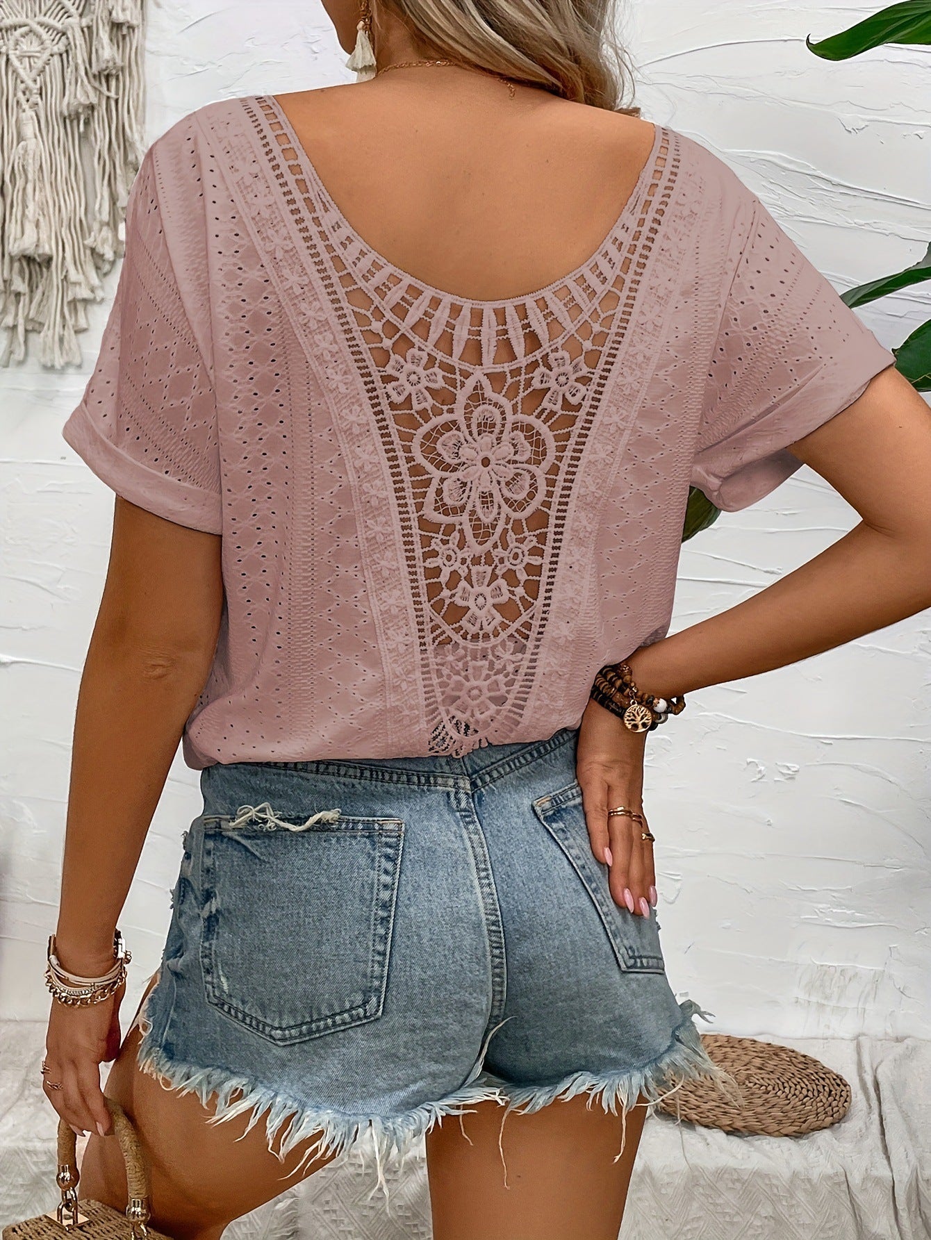 Kvinnors Sommartopp V-Hals Nät Detaljer Lätt Tyg 8