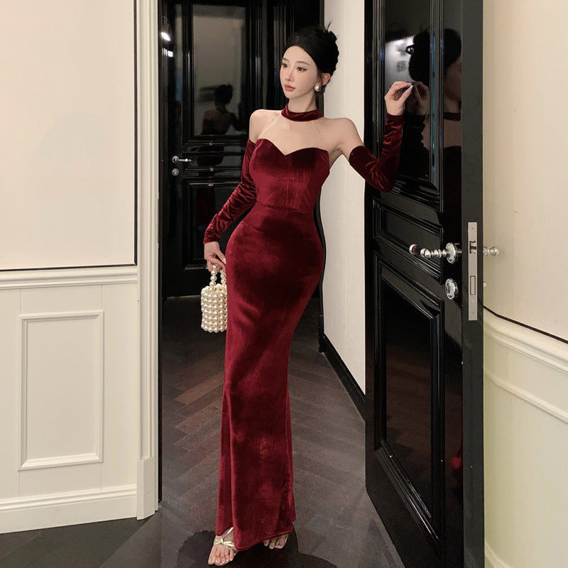 Kvinnors Aftonklänning Lång Off-Shoulder Polyester Elegant Halterneck-3