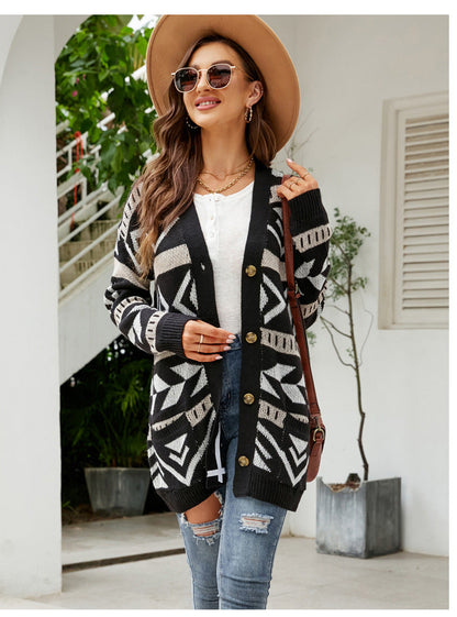 Dam Cardigan V-ringad Jacquard Akryl Löst Passform-3