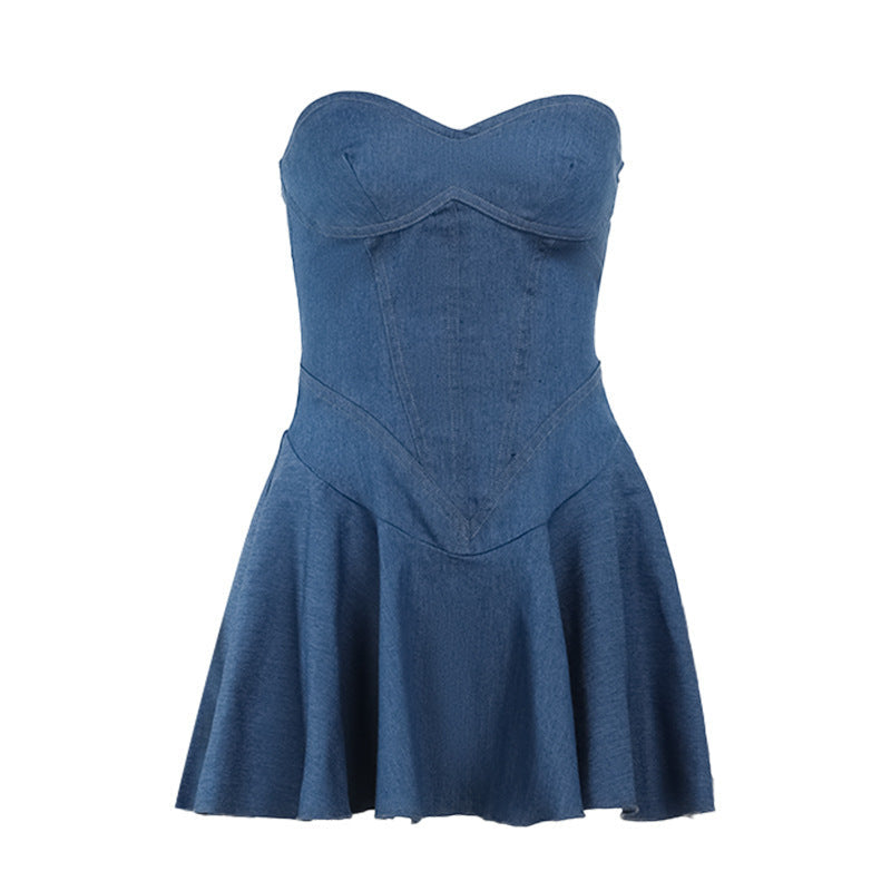 Damklänning Bustier i Denim med Flödande Kjol – Fina Dam Klänningar för Sommar och Fest 6