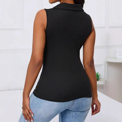 Kvinnors Ärmlös Poloshirt Ribbad Design Hållbart Tyg 3