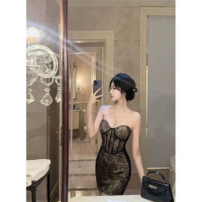 Kvinnors Bodycon Klänning Axelfri Spetsdetaljer Blandade Tyger-2