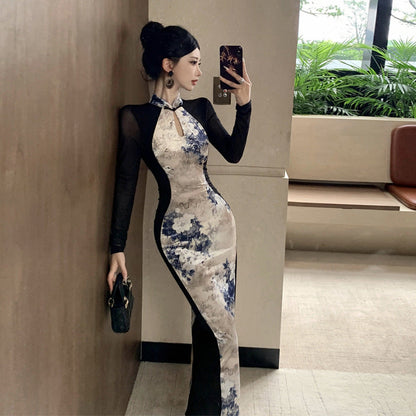 Bodycon Klänning för Kvinnor med Långa Ärmar och Ståkrage – Tryckt Mönster i Högkvalitativ Polyester 4