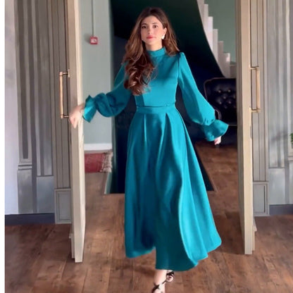 Kvinna Lång Klänning A-Line Rüschärmar Mjuk Tygblandning-2