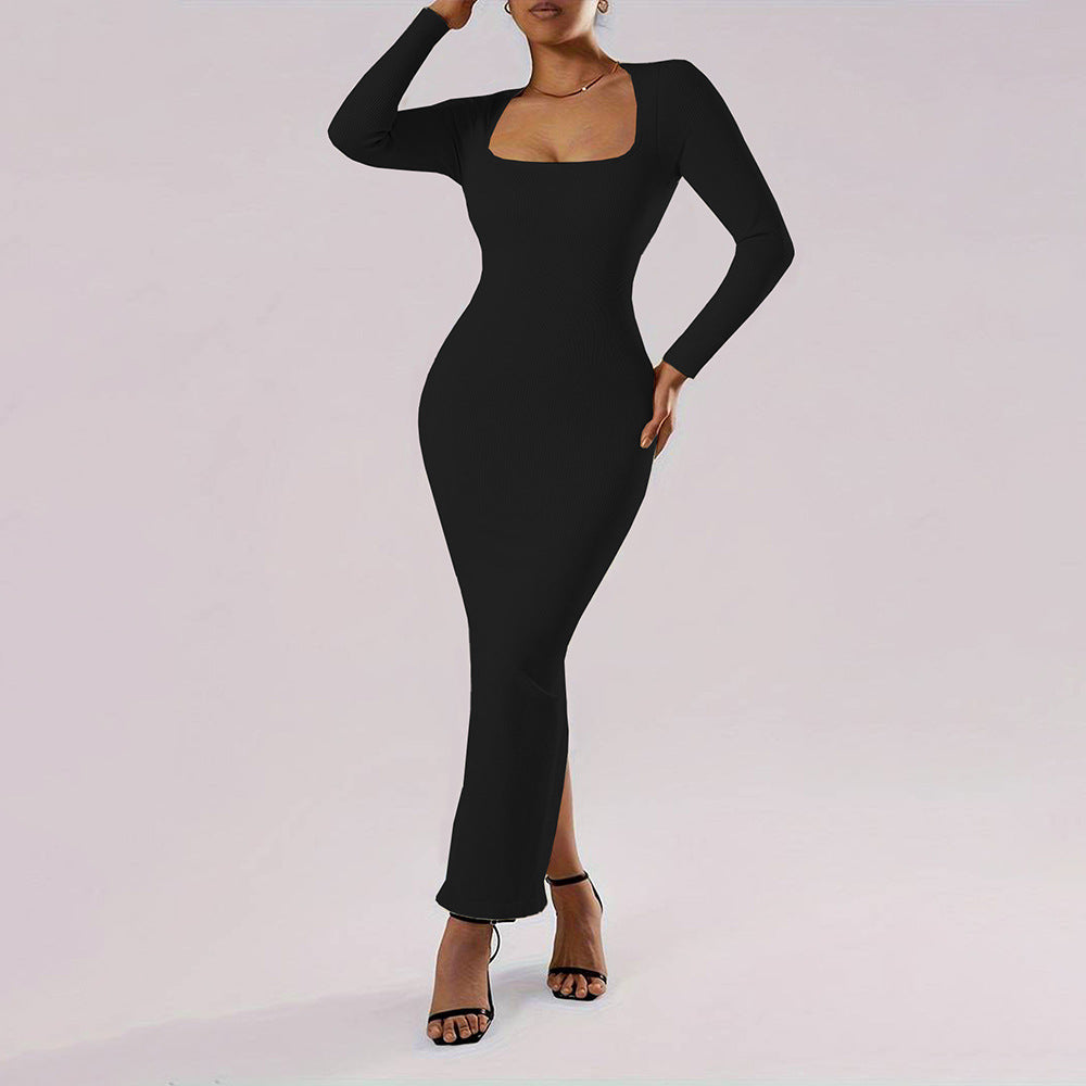 Dam Maxiklänning Långärmad Fyrkantig Halsringning Elastiskt Tyg-3