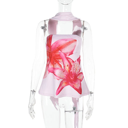 Dam Tankini Topp Blommigt Snabbtorkande Material med UV-skydd-1