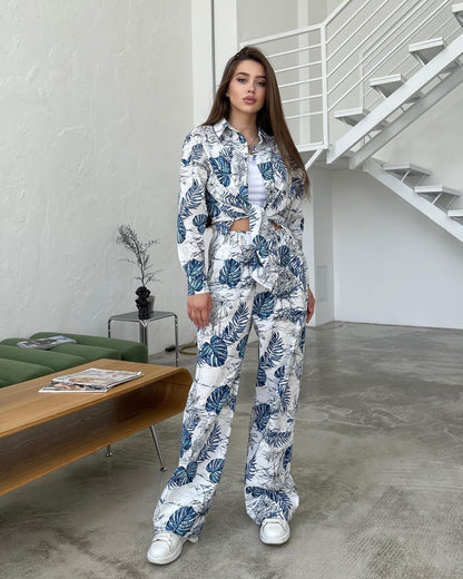 Dam Fritidsset Blommönstrad Topp och Byxor Polyester-6