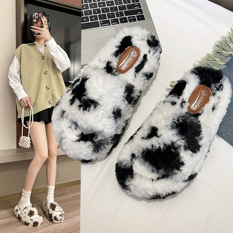 Dam Tofflor Fleece Ko-Mönster Mjuk och Bekväm 5