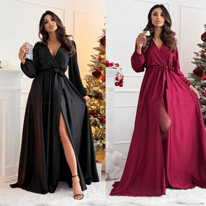 Kvinnors Maxiklänning V-hals Lång Ärmar Polyester Elegant-2