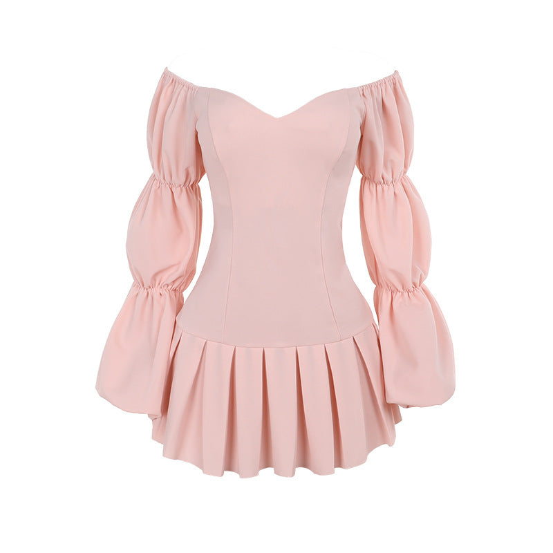 Kvinnors Miniklänning Off-Shoulder Volangärmar Samlad Kjol Andningsbart Tyg 6