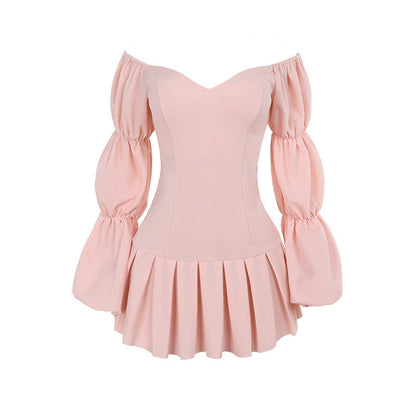 Kvinnors Miniklänning Off-Shoulder Volangärmar Samlad Kjol Andningsbart Tyg 6