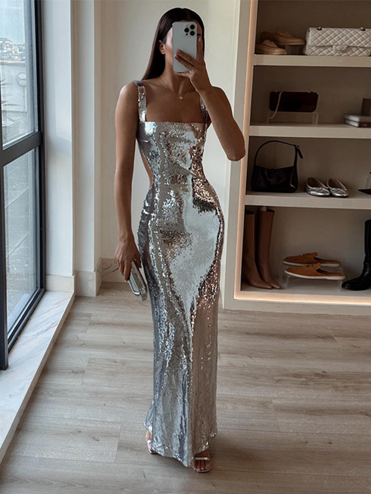 Variant image for Damklänning Axelfri Spaghetti Band Paljetter Lång Polyester Elegant Festklänning-1
