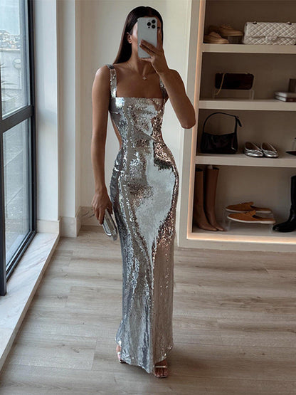 Variant image for Damklänning Axelfri Spaghetti Band Paljetter Lång Polyester Elegant Festklänning-1