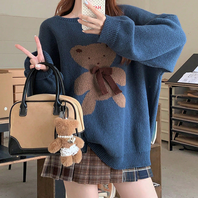 Dam Stickad Tröja Nallebjörnmotiv Mjuk Avslappnad Kvalitet-2