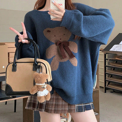 Dam Stickad Tröja Nallebjörnmotiv Mjuk Avslappnad Kvalitet-2