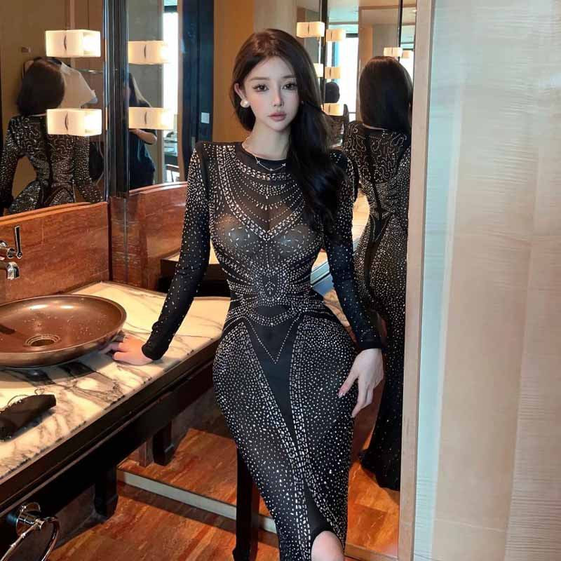 Maxiklänning Dam Med Mesh Och Rhinestones Lång Ärmar Elegant Slitsdesign 2