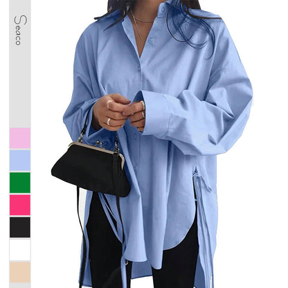 Dam Lång Skjorta Snörning Polyester Streetwear-2