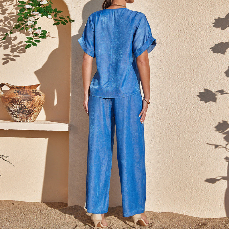 Kvinnors Tvådelad Sats Kortärmad Topp Bredbensbyxor Satin-4